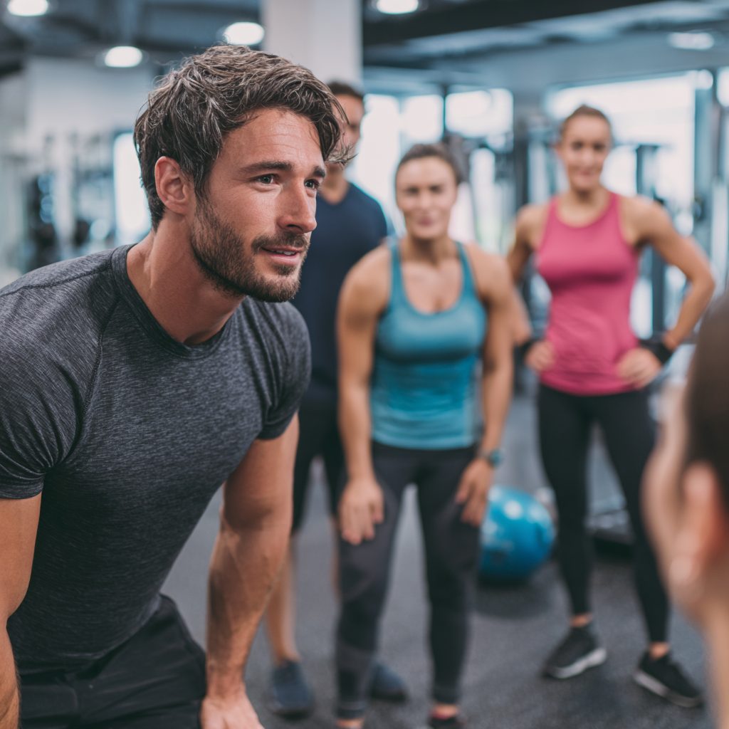 Усмихнати български възрастни хора от различни възрасти правят упражнения на открито в парк, демонстрирайки здравословен начин на живот и радост от движението