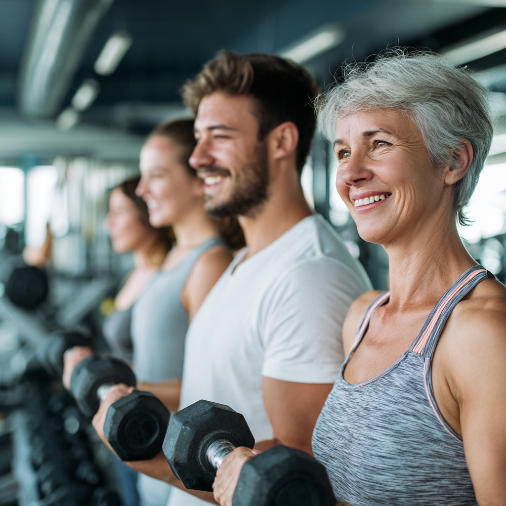 Група от усмихнати български възрастни хора от различни възрасти правят йога или стреч упражнения в светла фитнес зала, показвайки гъвкавост и баланс